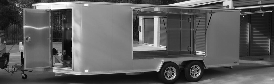 Enclosed Sports Car Trailer CTE-84180T with doors open, black and white